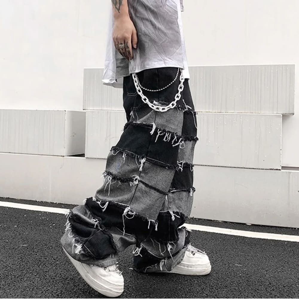 Tassel Jeans Men Patchwork Wide Leg Lazy Style